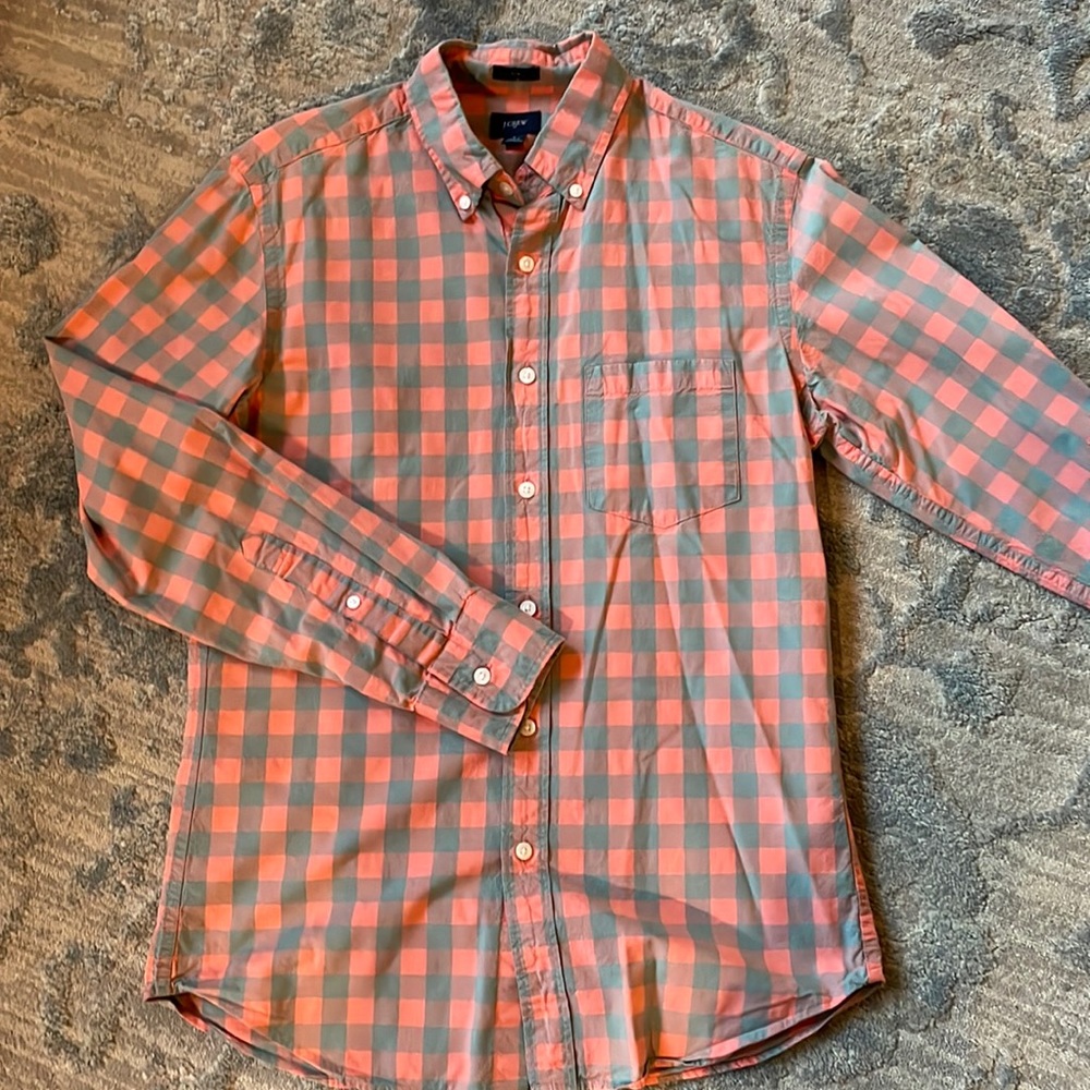 Mens J. Crew Plaid Button Down Salmon & Gray
